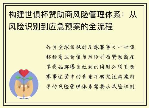 构建世俱杯赞助商风险管理体系：从风险识别到应急预案的全流程