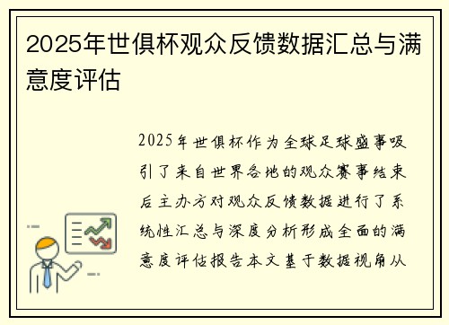 2025年世俱杯观众反馈数据汇总与满意度评估