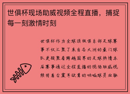 世俱杯现场助威视频全程直播，捕捉每一刻激情时刻